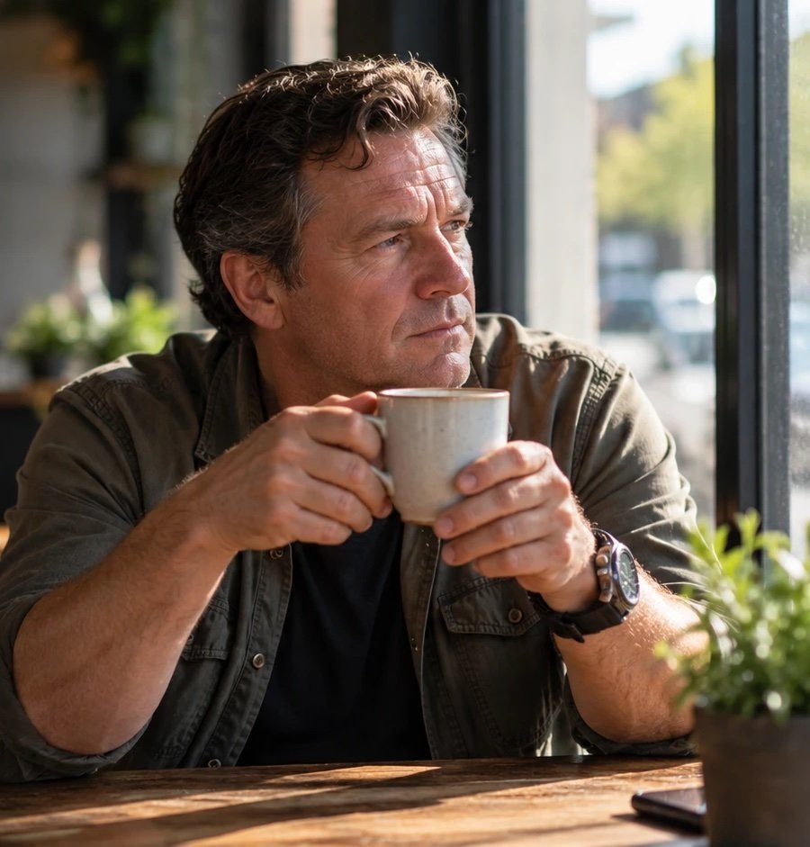 A father sitting by a café window, holding a mug of coffee